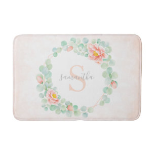 Monogram Eucalyptus Leaves Peony Floral Peach Sage Badmat