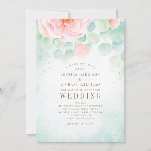 Monogram Eucalyptus Leaves Peony Floral Peach Sage Kaart (Voorkant)