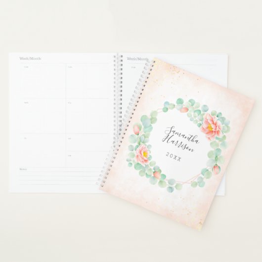 Monogram Eucalyptus Leaves Peony Floral Peach Sage Planner (Display)