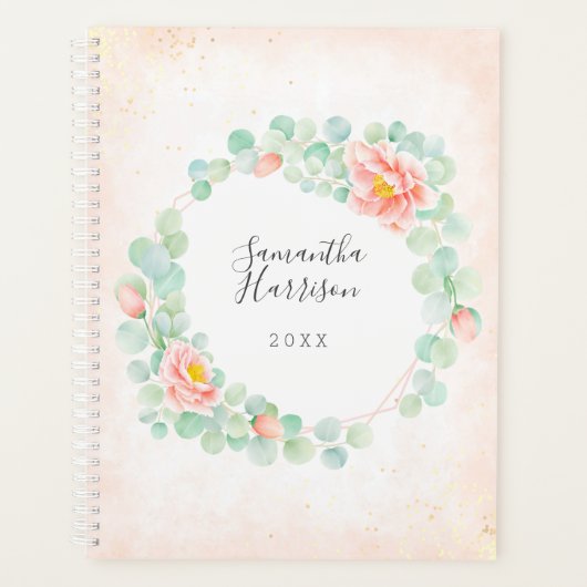 Monogram Eucalyptus Leaves Peony Floral Peach Sage Planner (Voorkant)