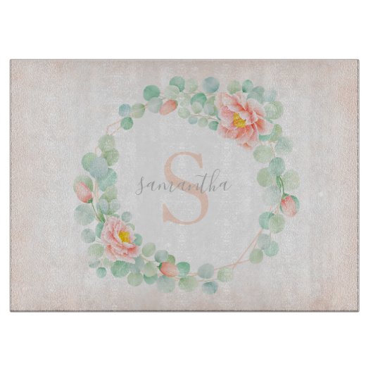 Monogram Eucalyptus Leaves Peony Floral Peach Sage Snijplank (Voorkant)