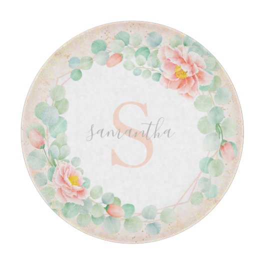 Monogram Eucalyptus Leaves Peony Floral Peach Snijplank (Voorkant)