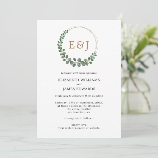 Monogram Eucalyptus minimalistische bruiloft in éé Kaart (Staand voorkant)