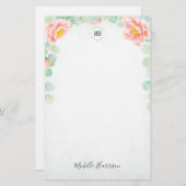 Monogram Eucalyptus Peony Floral Waterverf Peach Briefpapier (Voorkant / Achterkant)