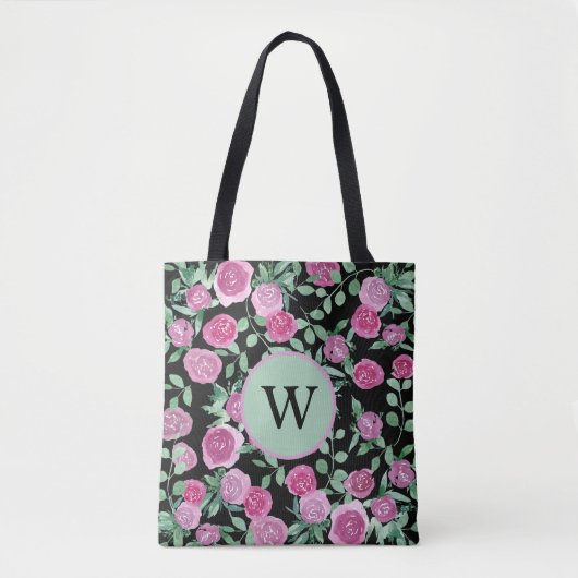 Monogram Eucalyptus Roos Waterverf Ontwerp Tote Bag (Voorkant)