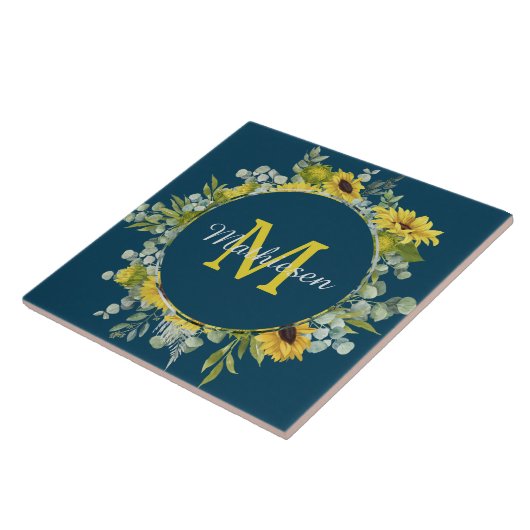 Monogram Eucalyptus Sunflower Blue Tegeltje (Zijkant)