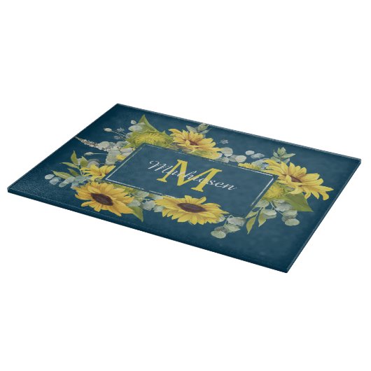 Monogram Eucalyptus Sunflower Lijst op blauw Snijplank (Hoek)