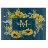 Monogram Eucalyptus Sunflower Lijst op blauw Snijplank (Voorkant)