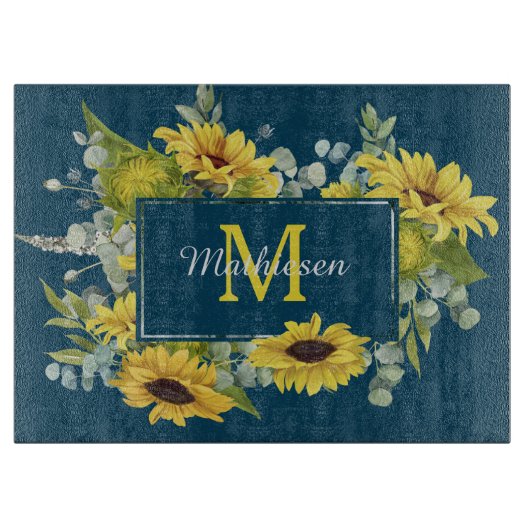Monogram Eucalyptus Sunflower Lijst op blauw Snijplank (Voorkant)
