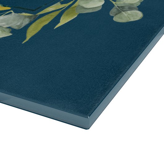 Monogram Eucalyptus Sunflower Lijst op blauw Snijplank (Hoek)