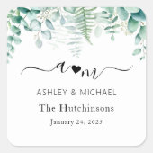 Monogram Eucalyptus Wedding Vierkante Sticker (Voorkant)