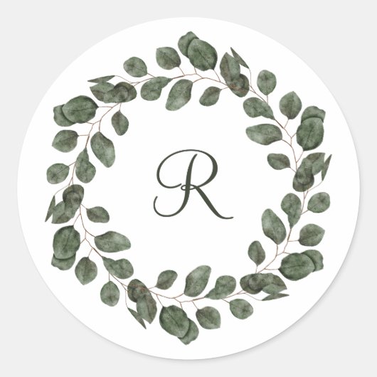 Monogram Eucalyptusbladeren Elegant Modern Ronde Sticker (Voorkant)
