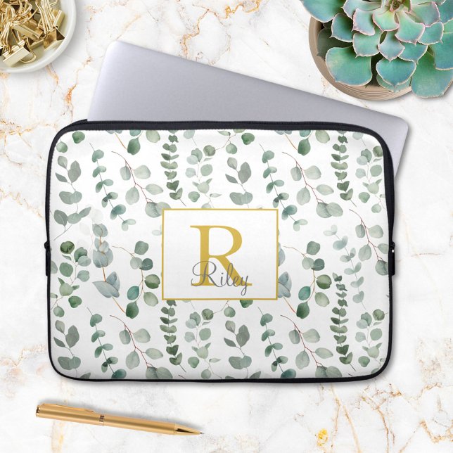Monogram Eucalyptusbladerenpatroon Laptop Sleeve (In situ)