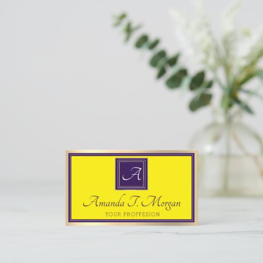 Monogram Event Planner Goud Lijst Paarse Geel Visitekaartje (Staand voorkant)