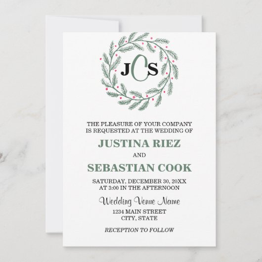 Monogram Evergreen krans bruiloft Kaart (Voorkant)