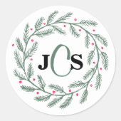 Monogram Evergreen krans bruiloft Ronde Sticker (Voorkant)