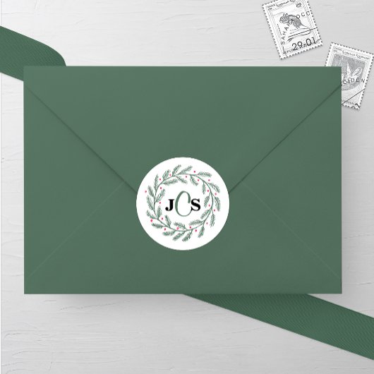 Monogram Evergreen krans bruiloft Ronde Sticker