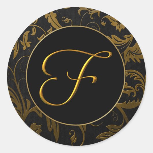 Monogram F Goud en Zwart Damast Bruiloft Seal Ronde Sticker (Voorkant)