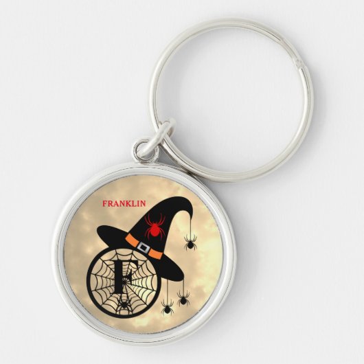 Monogram F Halloween Sky Witch Spiders Naam Sleutelhanger (Voorkant)