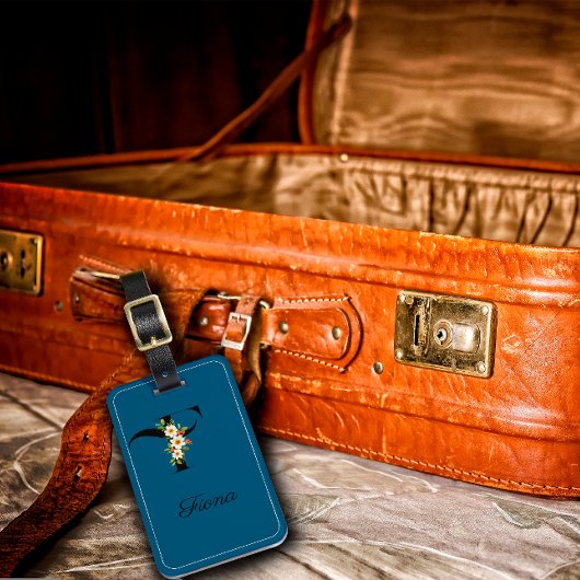 Monogram F kobalt waterverf bloem Bagagelabel