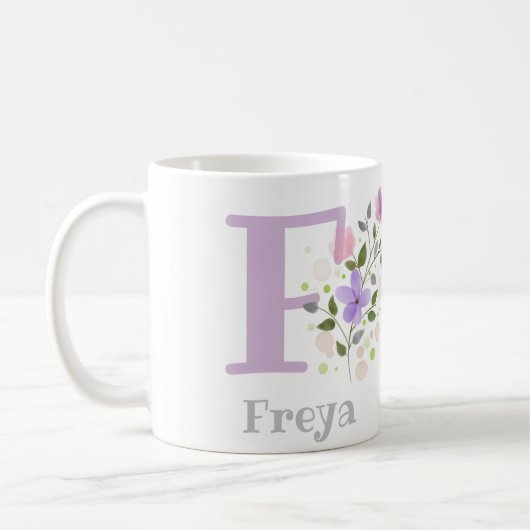 Monogram F & naam Freya met bloemen Koffiemok (Links)