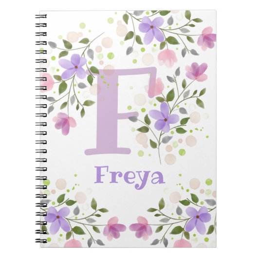 Monogram F & naam Freya met bloemen Notitieboek (Voorkant)