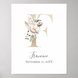 Monogram F Roze Witte Bloem Gouden Letter Babykame Poster