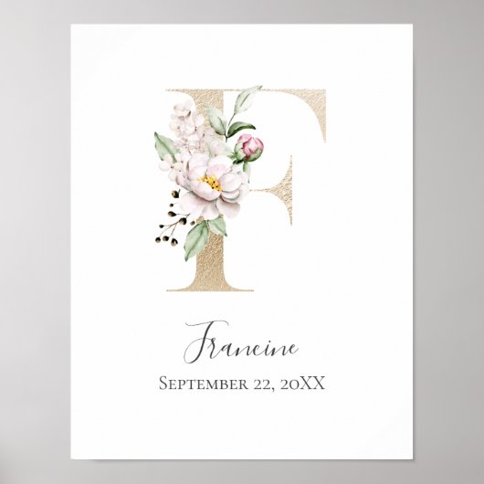 Monogram F Roze Witte Bloem Gouden Letter Babykame Poster (Voorkant)