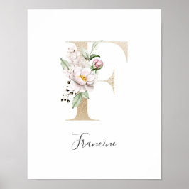 Monogram F Roze Witte Bloem Gouden Letter Babykame Poster