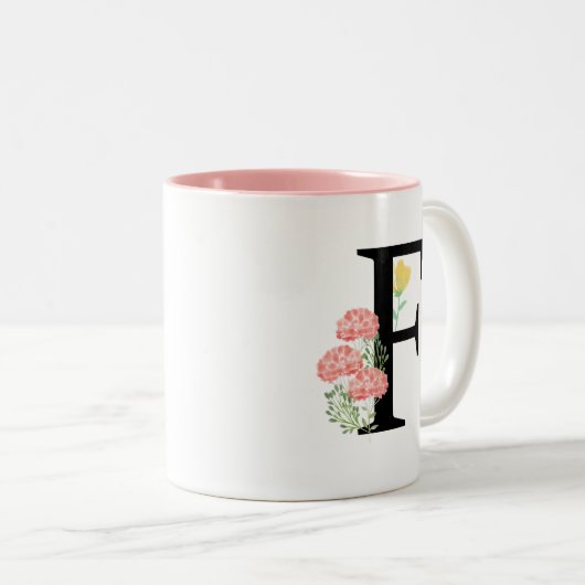 Monogram F Waterverf Floral Spray Modern Chic Tweekleurige Koffiemok (Voorkant rechts)