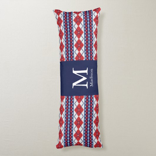 Monogram Fair Isle Red en Blue Argyle Lichaamskussen (Achterkant (Verticaal))