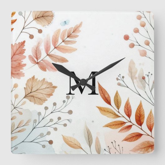 Monogram Fall laat waterverf pastelkleur achter Vierkante Klok (Voorkant)