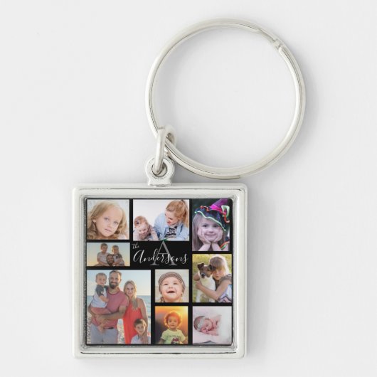 Monogram Familie acht Foto Gepersonaliseerd Sleutelhanger (Voorkant)
