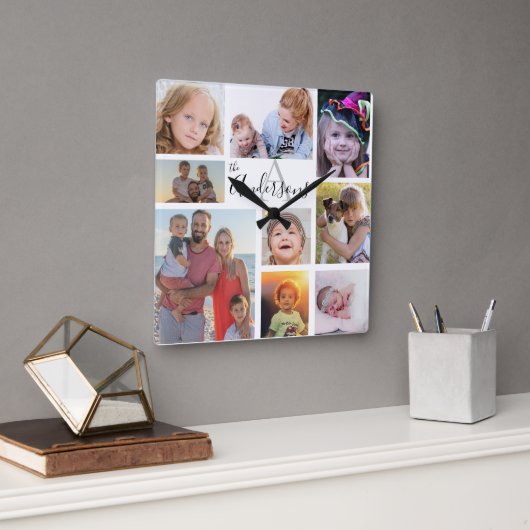 Monogram Familie acht Foto Gepersonaliseerd Vierkante Klok (Kantoor)