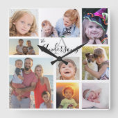 Monogram Familie acht Foto Gepersonaliseerd Vierkante Klok (Voorkant)