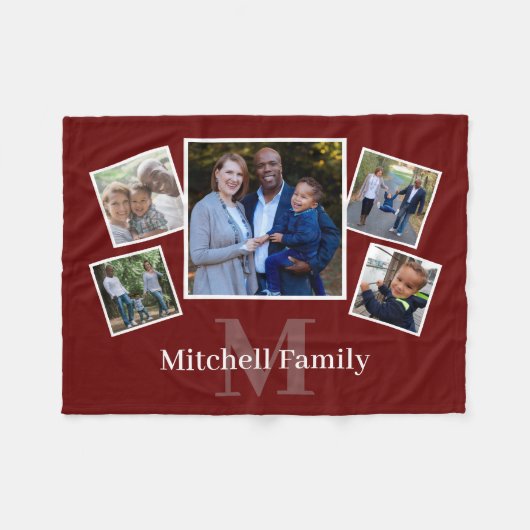 Monogram Familie Foto Collage Dark Red Fleece Deken (Voorkant (Horizontaal))