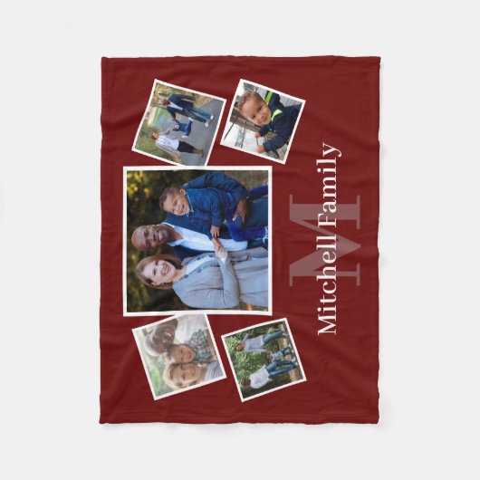 Monogram Familie Foto Collage Dark Red Fleece Deken (Voorkant)