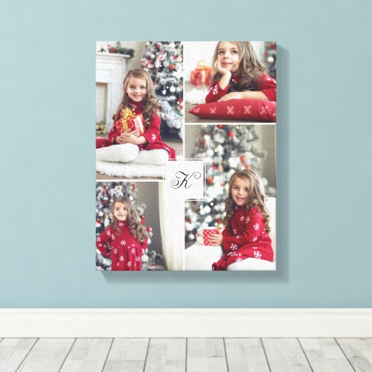 Monogram Familie Foto Collage Kerstmis Canvas Afdruk (Insitu (Houten vloer))