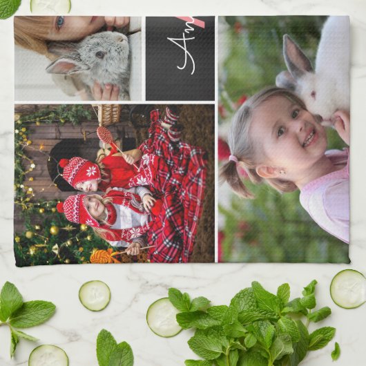 Monogram Familie Foto Collage Theedoek (Gevouwen)