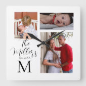 Monogram Familie Foto Collage Vierkante Klok (Voorkant)