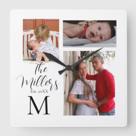 Monogram Familie Foto Collage Vierkante Klok