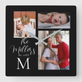 Monogram Familie Foto Collage Vierkante Klok (Voorkant)