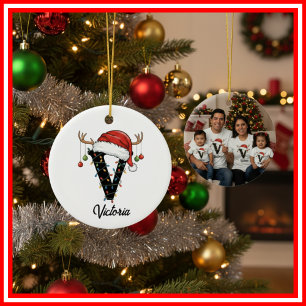 Monogram Familie Kerst Antliers Kerstman Hoed FOTO Keramisch Ornament
