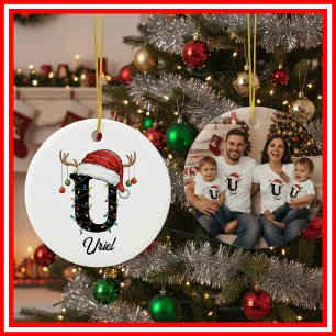 Monogram Familie Kerst Antliers Kerstman Hoed FOTO Keramisch Ornament