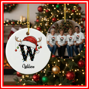 Monogram Familie Kerst Antliers Kerstman Hoed FOTO Keramisch Ornament
