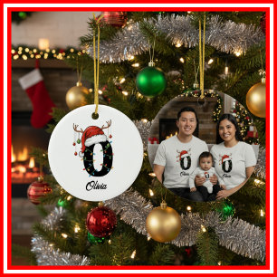 Monogram Familie Kerst Antliers Kerstman Hoed FOTO Keramisch Ornament