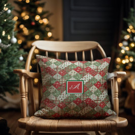 Monogram familie Kerst patchwork Groen Rood  Kussen