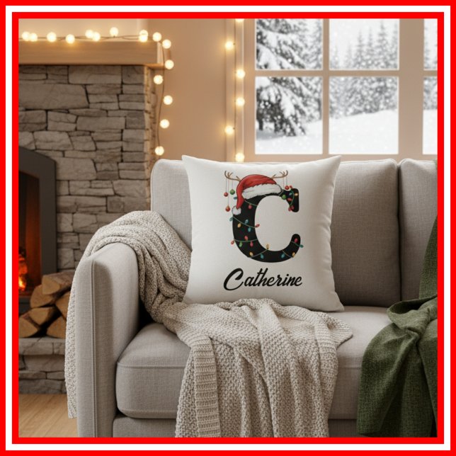 Monogram Familie Kerstgewei Santa Hat Kussen (Creator heeft geüpload)
