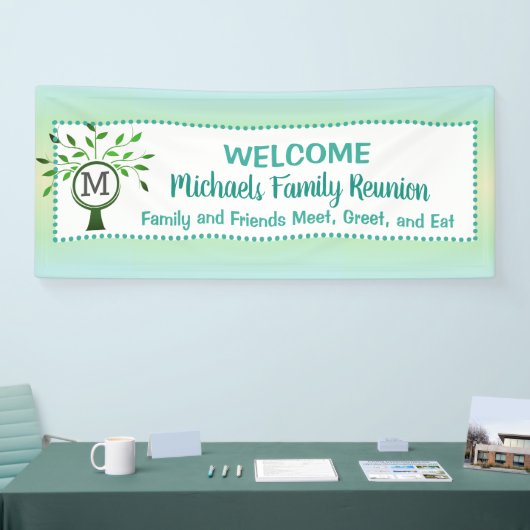 Monogram Familieboom Welkome Reunion Blauwgroen Zw Spandoek (Beurs)