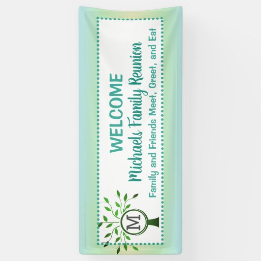 Monogram Familieboom Welkome Reunion Blauwgroen Zw Spandoek (Verticaal)